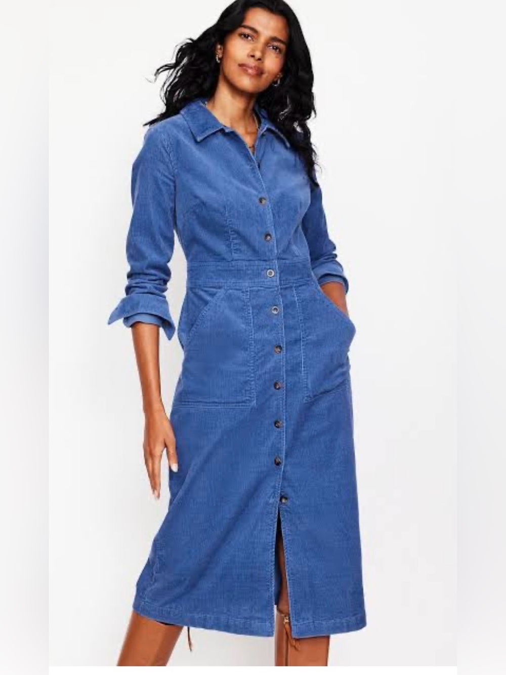 Boden Flora Slate Blue Button-Front Corduroy Shirt Dress SZ US 4